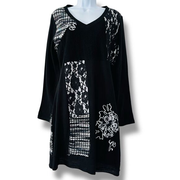 Emma G Large Embellished Multi Fabric Black Long Sleeve Sweater Dress Boho - Picture 1 of 9